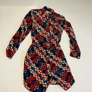 TRINA Turk Blue Red Silk Long Sleeve dress Janny Plaid Print 0